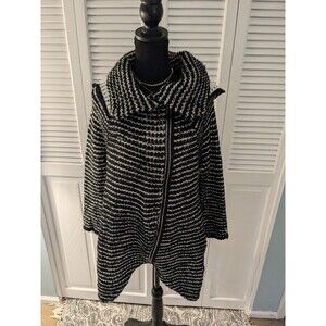 John Fashion Knit Sweater Women's S Full Zip Boho Lagenlook Black White Hooded